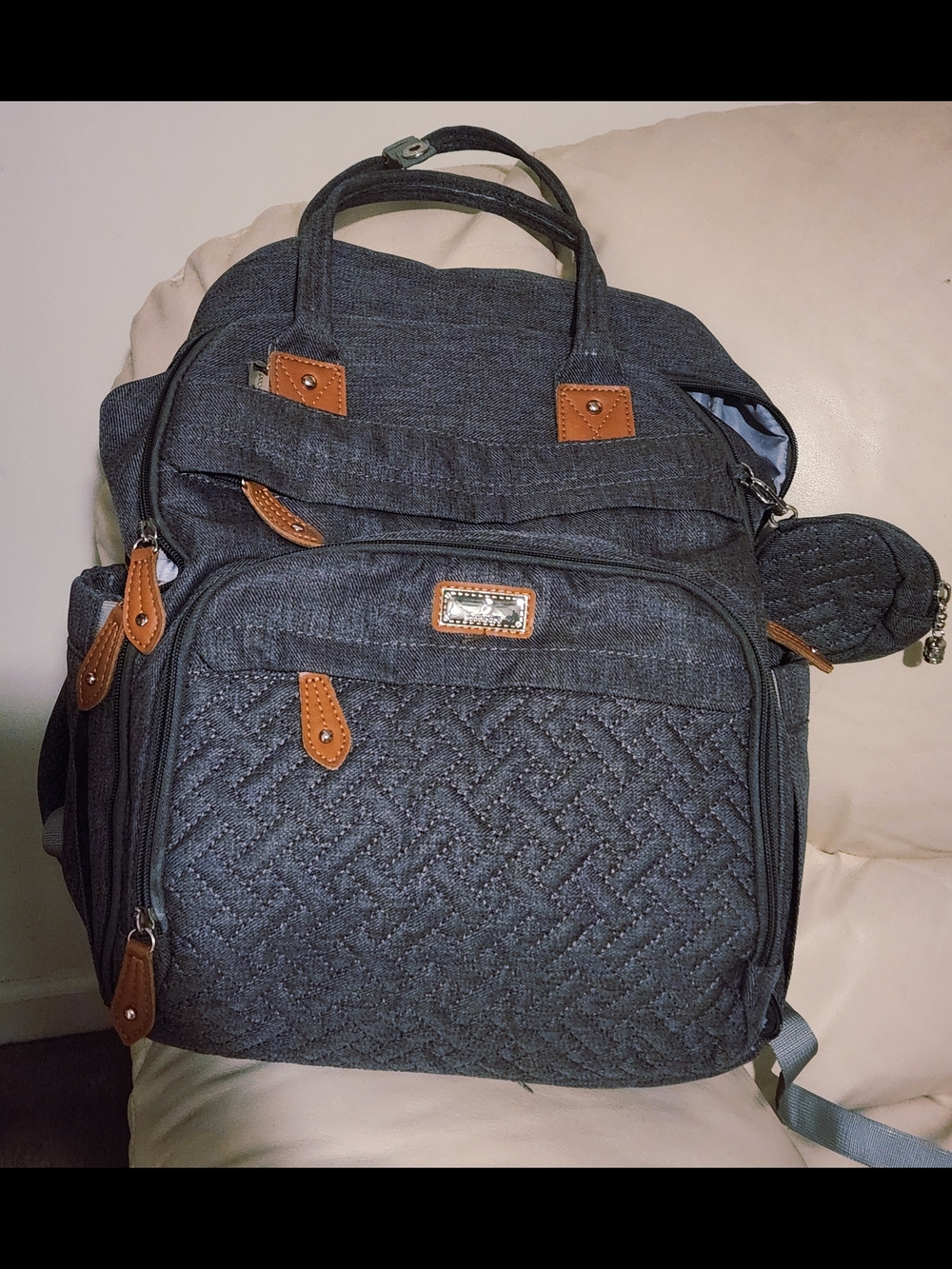Gray Women Baby Backpack Tote with Tan Trim